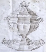 Grape Octagon_Ralph Scragg (Modeler)_Sauce or Soup Tureen Base, Lid, and Underplate_KewDrw_001